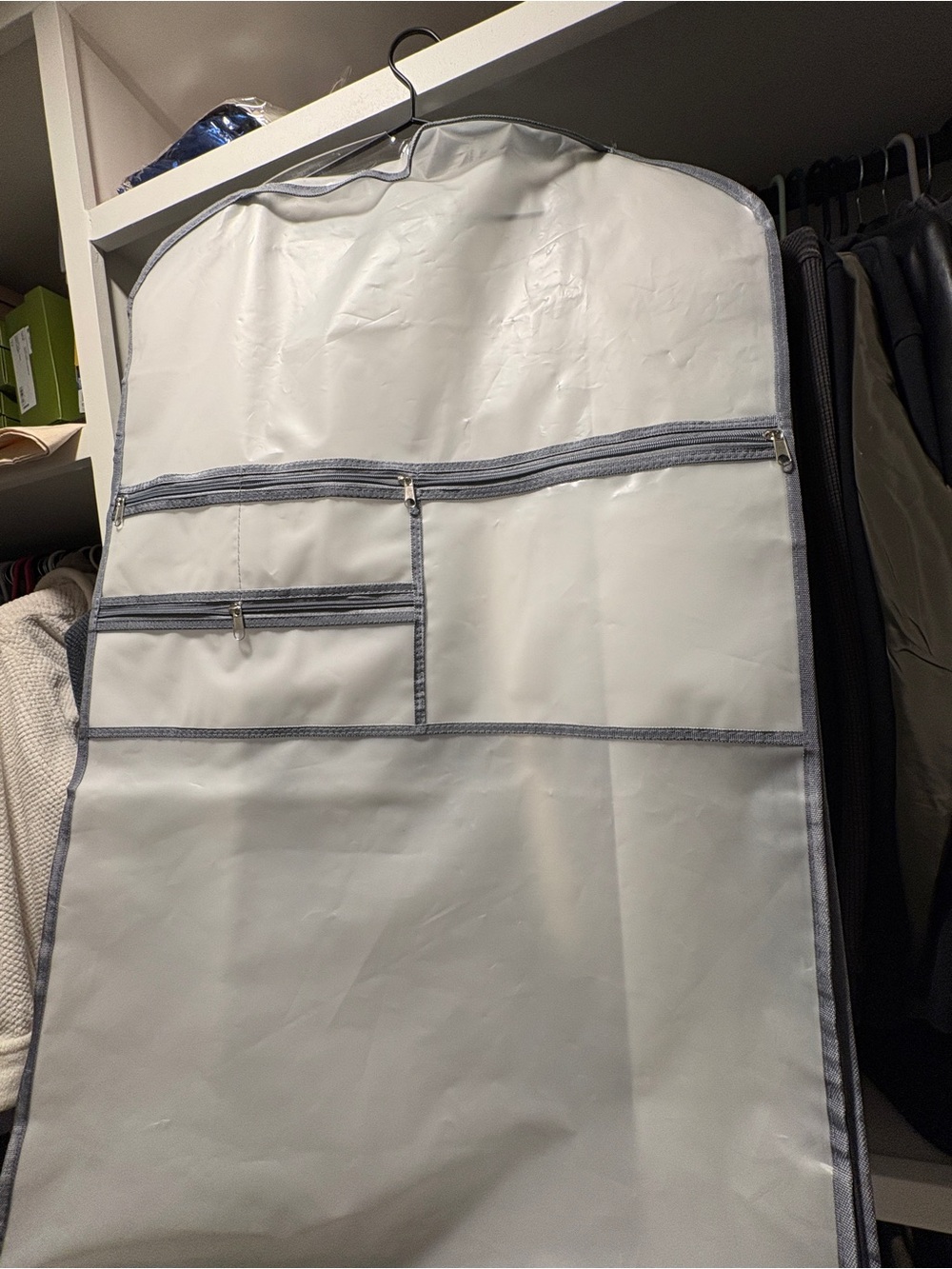 White Garment Bag with Multiple Front Zipper Pockets